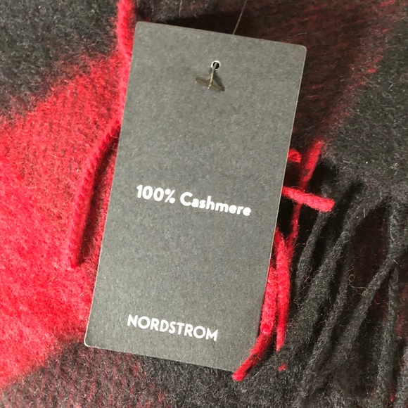 Nordstrom 100% Cashmere Scarf Red Buffalo Check Black Fringe New Soft - Picture 3 of 7